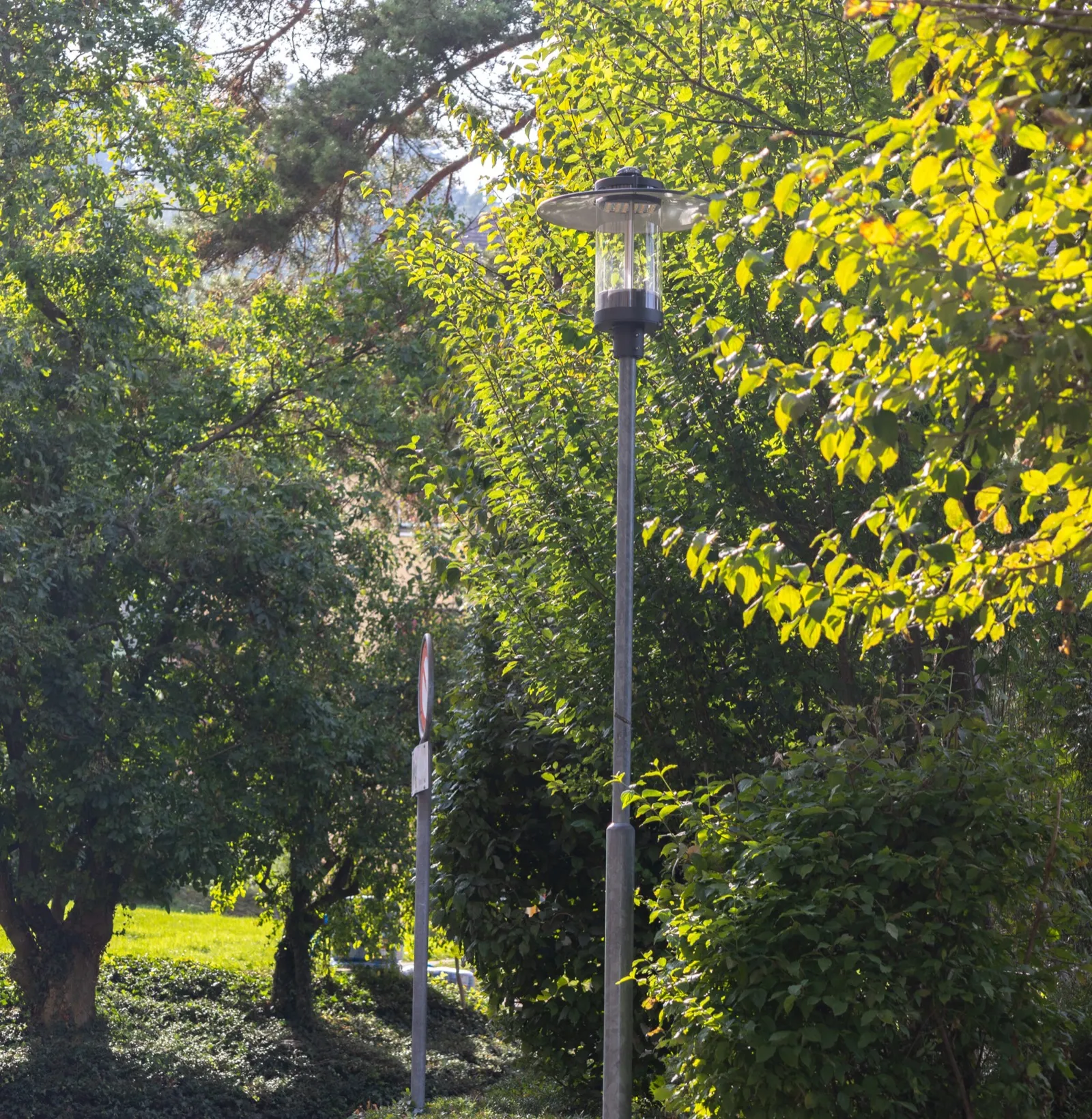 Mastleuchten entlang eines Gartenwegs, ABZ Siedlung Allmend Horgen